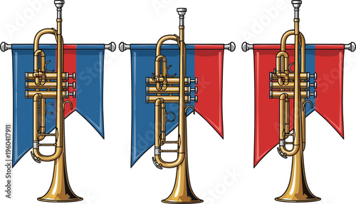 Brass Trumpet Set with Colorful Flags for Musical Performances, Parades, and Ceremonial EventsBrass Trumpet Set with Colorful Flags for Musical Performances, Parades, and Ceremonial Events
