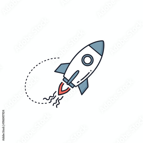 A stylized rocket ship ascends, trailing fiery exhaust and a dashed flight path