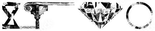 Four stylized vector hourglass, column capital, diamond, ring all rendered in distressed halftone with black and white texture, isolated graphic elements.
