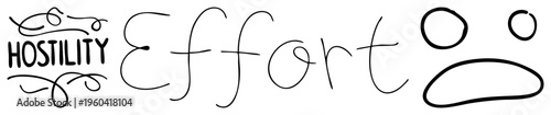 Stylized black ink typography featuring ornate "HOSTILITY" with flourishes, flowing cursive "Effort," and minimalist face expressing emotion, vector art, isolated graphic elements.