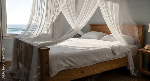 A serene bedroom with a wooden bed, white mosquito net, and a stunning ocean view on Malaria Day morning.