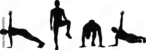 Vector silhouettes of fitness exercises showing side plank, high knee, crouch, and stretching positions for workout, training, health, and wellness illustration.