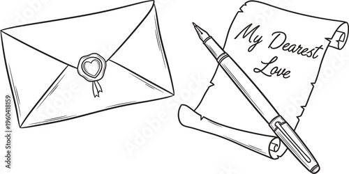 Hand-drawn illustration of a vintage love letter with a wax-sealed envelope a scroll and an ink pen perfect for romance communication or Valentines Day concepts