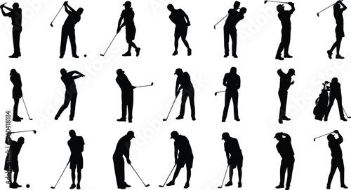 Vector silhouettes of golfers performing swings, putting, and carrying clubs in dynamic poses showing sport, motion, recreation, lifestyle, and illustration design.