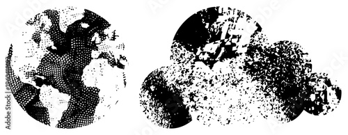 Black and white halftone globe and cloud shapes, vector illustration, dotted texture, graphic design element, abstract earth representation, stylized weather.