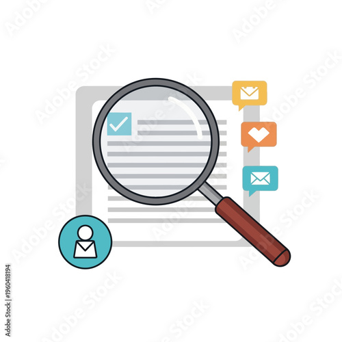 Optimized Digital Data Search and User Profile Analysis Flat Vector Icon with Communication and Approval Elements