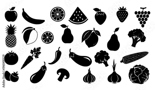 Creative fruit and vegetable silhouette icon collection with fresh food shapes in dynamic vector layout