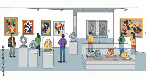 People are viewing artwork and sculptures on display in a gallery