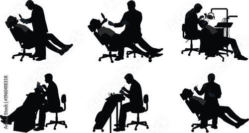 Dentist silhouette, dental care, patient chair, oral health, medical job, clinic work, treatment pose, professional occupation