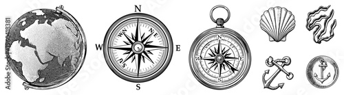 Vintage style compasses, globe, anchor, maritime and cartographic symbols rendered in halftone engraving style. Nautical navigation tools and coastal motifs.
