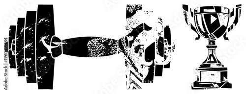 Gym equipment barbell with weights, fitness, championship trophy, strength training, athlete recognition, black and white graphic, motivational sports symbol.