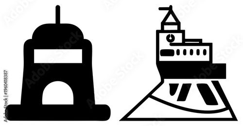 Black silhouette of historic bell tower and vintage, isolated vector, architectural and nautical symbols, flat graphic style.