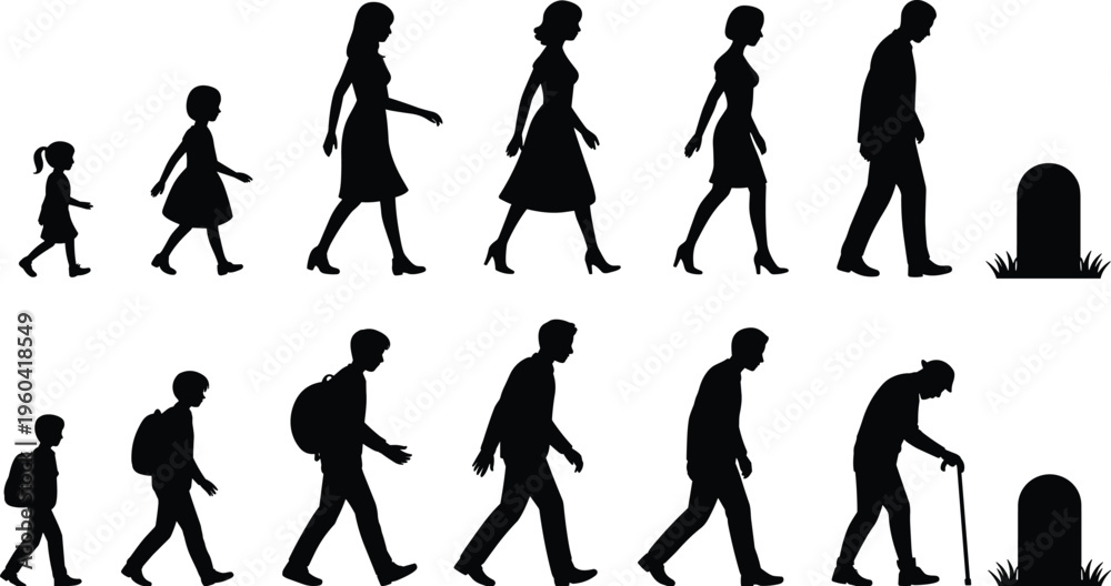 Fototapeta premium Vector silhouettes of male and female figures showing stages of human life from childhood through adulthood to old age and mortality illustration.