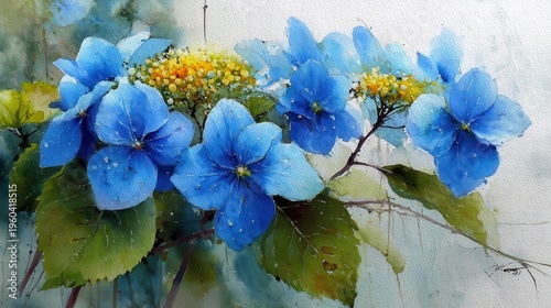 Blue Hydrangea Blossoms with Morning Dew on Vibrant Leaves