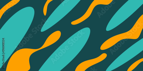 Playful vector background illustration with organic liquid blobs and elongated teal and orange shapes creating a trendy seamless-style artistic pattern. Intended Use: Textile and wallpaper design.