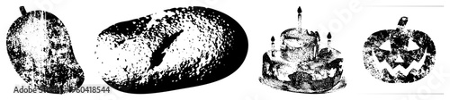 Textured halftone renderings of mango, loaf bread, birthday cake with candles, jack o lantern. Vintage print aesthetic,, gritty, stylized food.