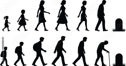 Vector silhouettes of male and female figures showing stages of human life from childhood through adulthood to old age and mortality illustration.