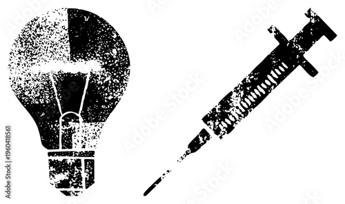 Stylized lightbulb and syringe, halftone texture, conceptual symbols for creativity and healthcare, black and white vector art.