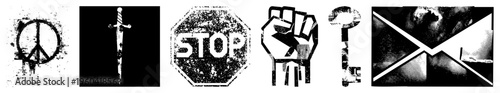 Urban stencil art symbols including peace sign, sword, stop sign, raised fist, key, envelope gritty textures, distressed edges, high contrast.