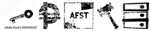 Set of five grungy vector antique key, currency symbol, AFST stamp, auction gavel, server rack., textured, isolated symbols for digital or print design.
