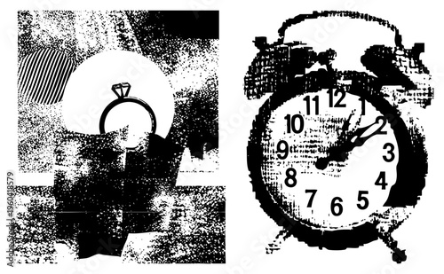 Retro alarm clock with classic hands and bells, diamond engagement ring with solitaire setting, halftone texture, black and white vector art.