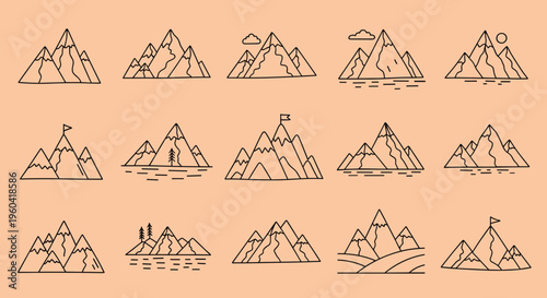 A minimalist line art illustration of mountains on a peach background, evoking a sense of simplicity and calmness, ideal for use in designs requiring 