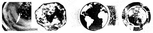 Earth globe depicted with halftone dots, stylized planet, global map, planetary sphere, graphic, print design element.