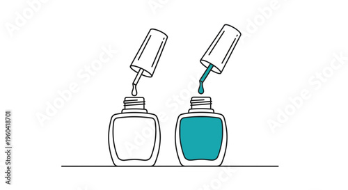 Nail Polish Bottles, One Open with Turquoise Polish, One Empty, Minimalist Line Art