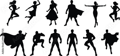 Vector silhouettes of male and female superheroes in powerful dynamic poses with capes, symbolizing strength, agility, justice, and heroic illustration design