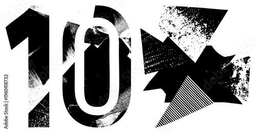 Graphic numeral ten with distressed textures, halftone, and angular shapes, modern vector art, isolated design element, bold typography.