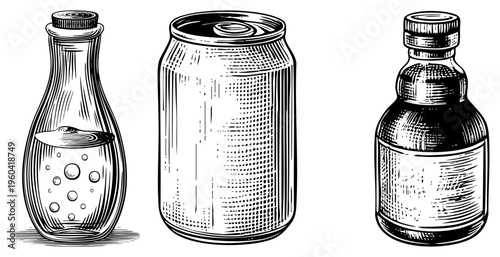 Retro style drink containers rendered in halftone and hatch, vintage beverage packaging, classic soda can, medicinal bottle, nostalgic drinkware design.