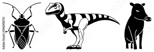 Vector illustration of a bug, T, and boar, minimalist black, flat design, isolated, animal cutouts, stylized fauna.