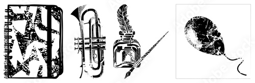 Stenciled black and white spiral notebook, trumpet, quill pen with inkwell, balloon artistic vector silhouettes with distressed texture.