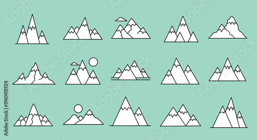A minimalist illustration of two mountain ranges with a calming mint green background, perfect for use in designs that require a serene and natural fe