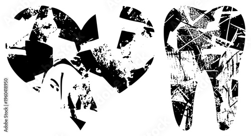 Fragmented dental with shattered tooth shapes, halftone texture, black and white vector art, dental health symbol, tooth decay concept.