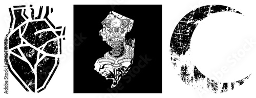 Stylized fragmented shapes with grungy texture, vector art symbols, design, abstract forms, graphic elements, stencil style, isolated motifs.