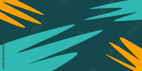 Abstract vector background illustration featuring sharp claw-like triangular shapes in orange and teal scattered across a dark professional green surface. Intended Use: Sportswear or apparel prints.