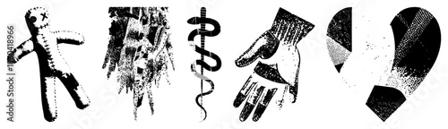 Stylized voodoo doll with, medical caduceus staff, healing hands with bandages, halftone heart graphic all in vector art with grainy texture.