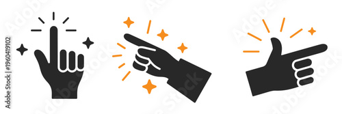 Snap gesture icon collection, hand with finger snap and thumb click, representing instant idea, quick action, and simple interaction vector