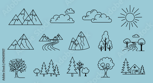 A minimalist illustration of mountains and a tree on a calming blue background, evoking a sense of serenity and connection to nature.