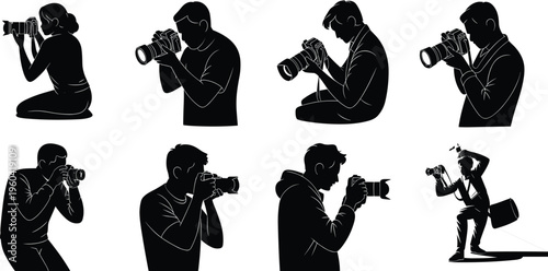 Vector silhouettes of photographers in diverse poses holding cameras, capturing moments, adjusting settings, kneeling, standing, and practicing professional photography illustration