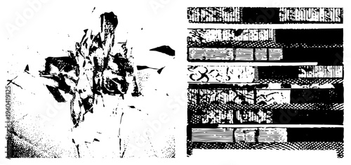 Black and white halftone graphic with fragmented shapes, distressed texture, layered bands, abstract design, vector art.