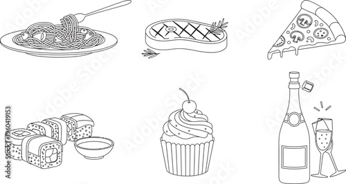 Outline vector collection of popular food and drink items from pasta and steak to sushi and champagne perfect for restaurant menus apps or web design