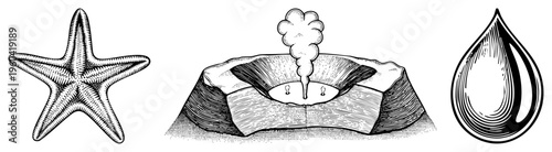 Marine starfish, erupting volcano, teardrop shape, engraved art, scientific illustration, nature symbols, geological, hydrology motif.
