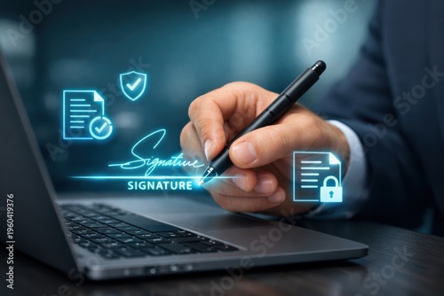 Digital Contract: A close-up shot captures a man's hand elegantly signing a digital contract with a pen, surrounded by glowing symbols of security and verification. The scene evokes a sense of trust.