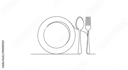 Minimalist Single Line Drawing of Plate, Spoon, and Fork on White Background