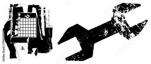 Digital grid interface held in hand beside open ended wrench, tech repair symbol, maintenance tool, vector graphic, flat design, mechanical fix, digital device.