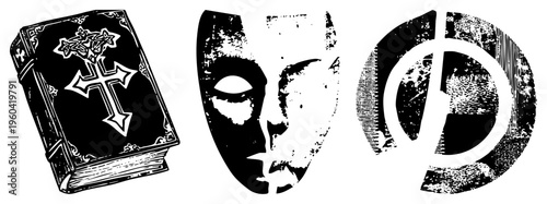 Antique grimoire with ornate, ritual傩mask, and stylized glyph symbol, all rendered in halftone vector style. Used for occult, horror, or mystical design projects.