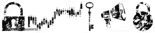 Distressed black and white vector padlock, candlestick chart, key, megaphone, and abstract lock. Urban grit aesthetic for digital interfaces, branding, or data security visuals.