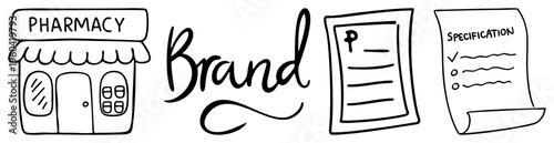 Sketch style pharmacy shop, brand script logo, document templates, checklist, product specs, minimalist vector design, creative branding assets.